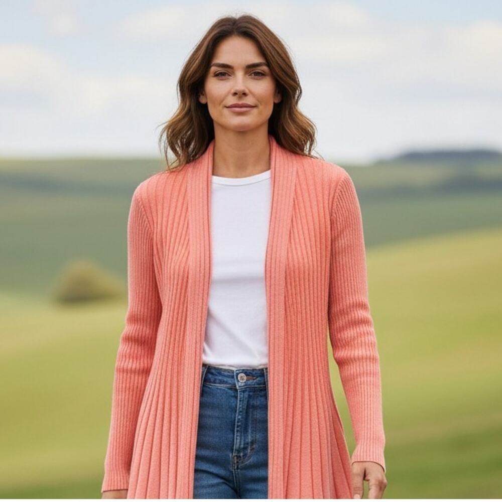 Notations Cardigan Sweater Womens Large Peach Pink Pleated Knit Flattering Boho
